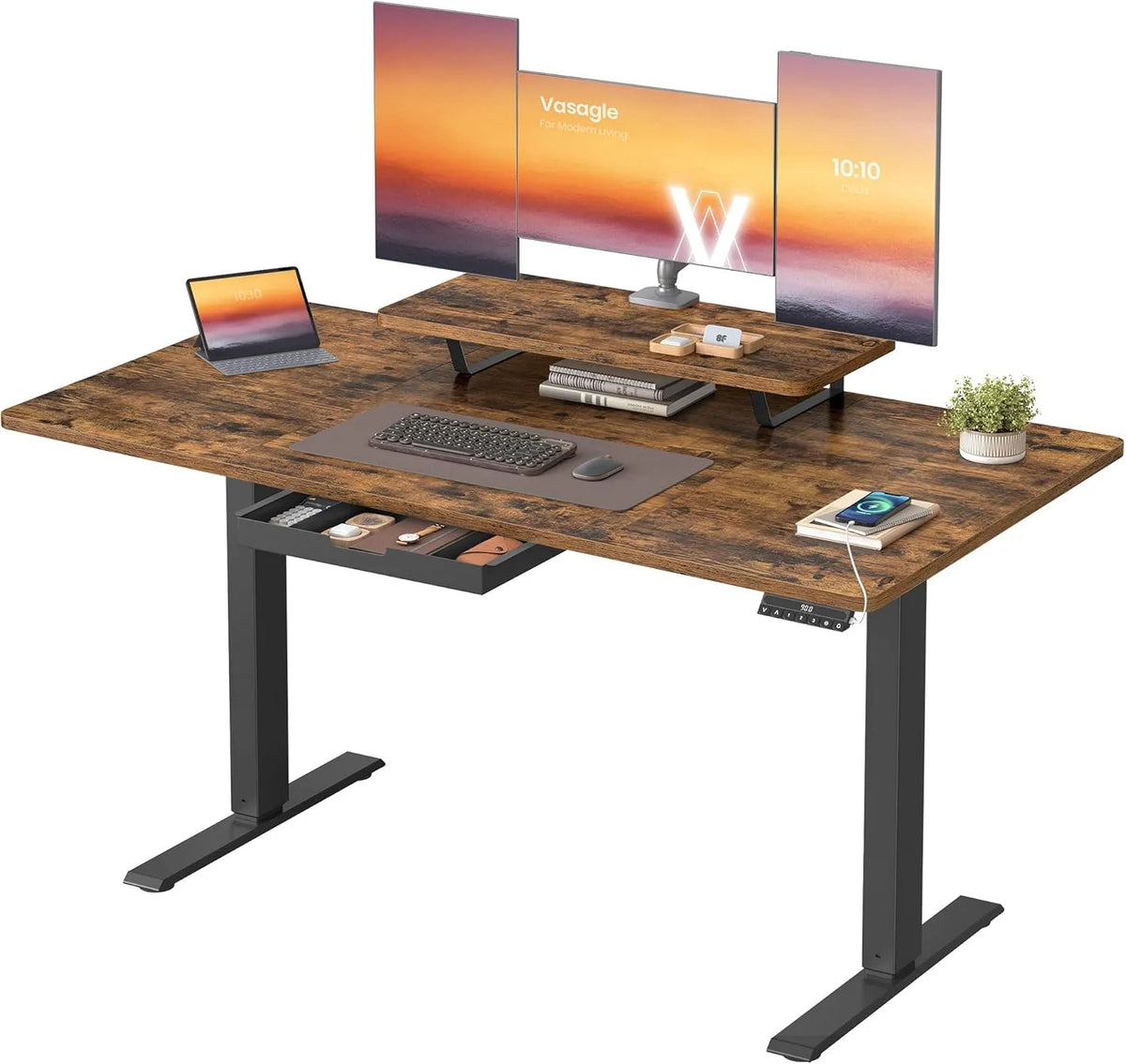 VASAGLE LSD154KD01 Biurko i stół komputerowy – USB-C, z szufladami, z portem USB, 140 × 70 cm, brązowy