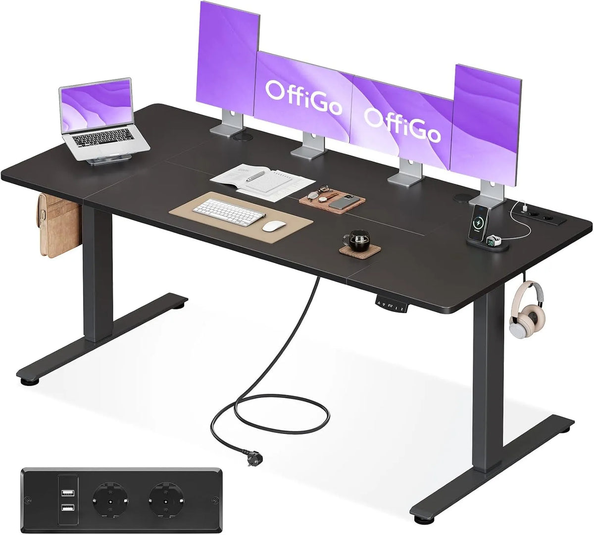 Biurko i stół komputerowy – z portem USB, regulowana konstrukcja, do użytku domowego, 180 cm, czarny, regulowana wysokość