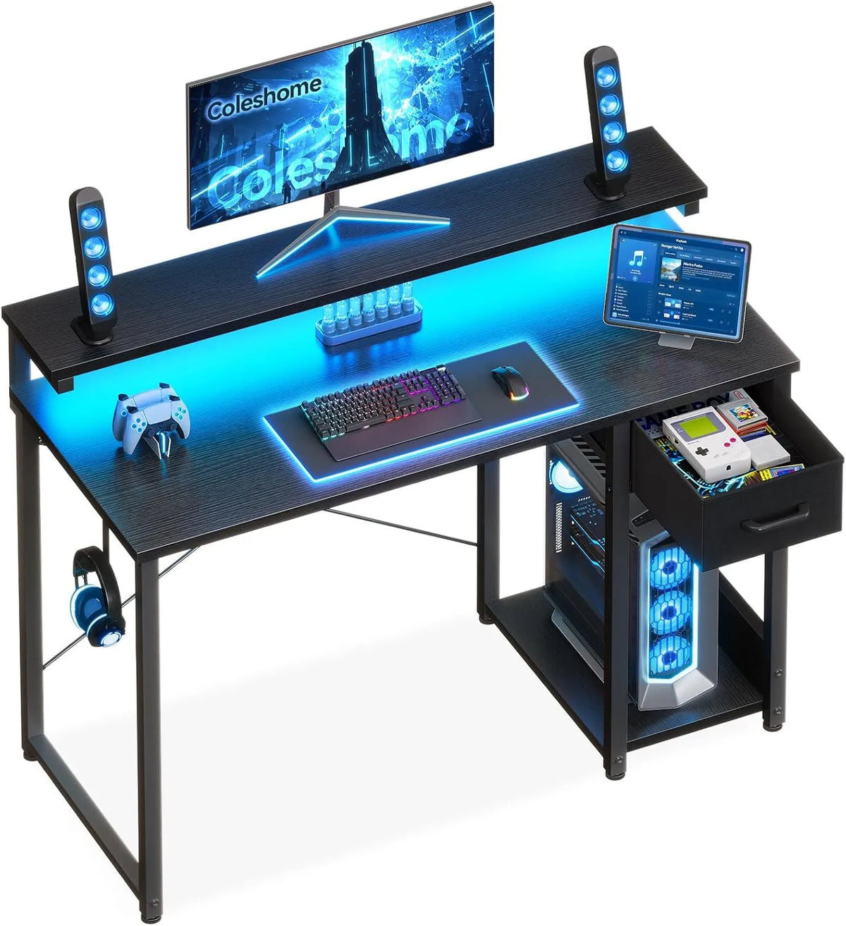Słuchawki — CPU, tapicerka materiałowa, z szufladami, gamingowy, regulowana konstrukcja, 100 × 45 cm, czarny, z oświetleniem LED