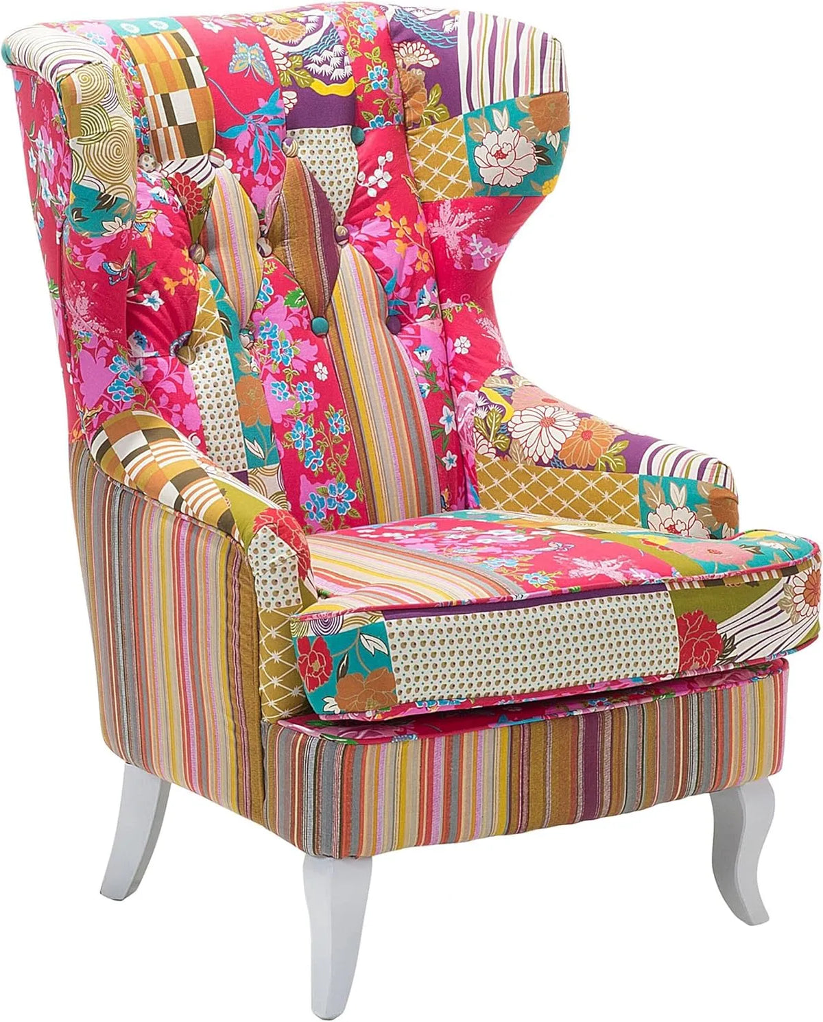 Fotel i krzesło tapicerowane uszak tapicerowany materiałowy pikowany patchwork wielokolorowy różowy Molde