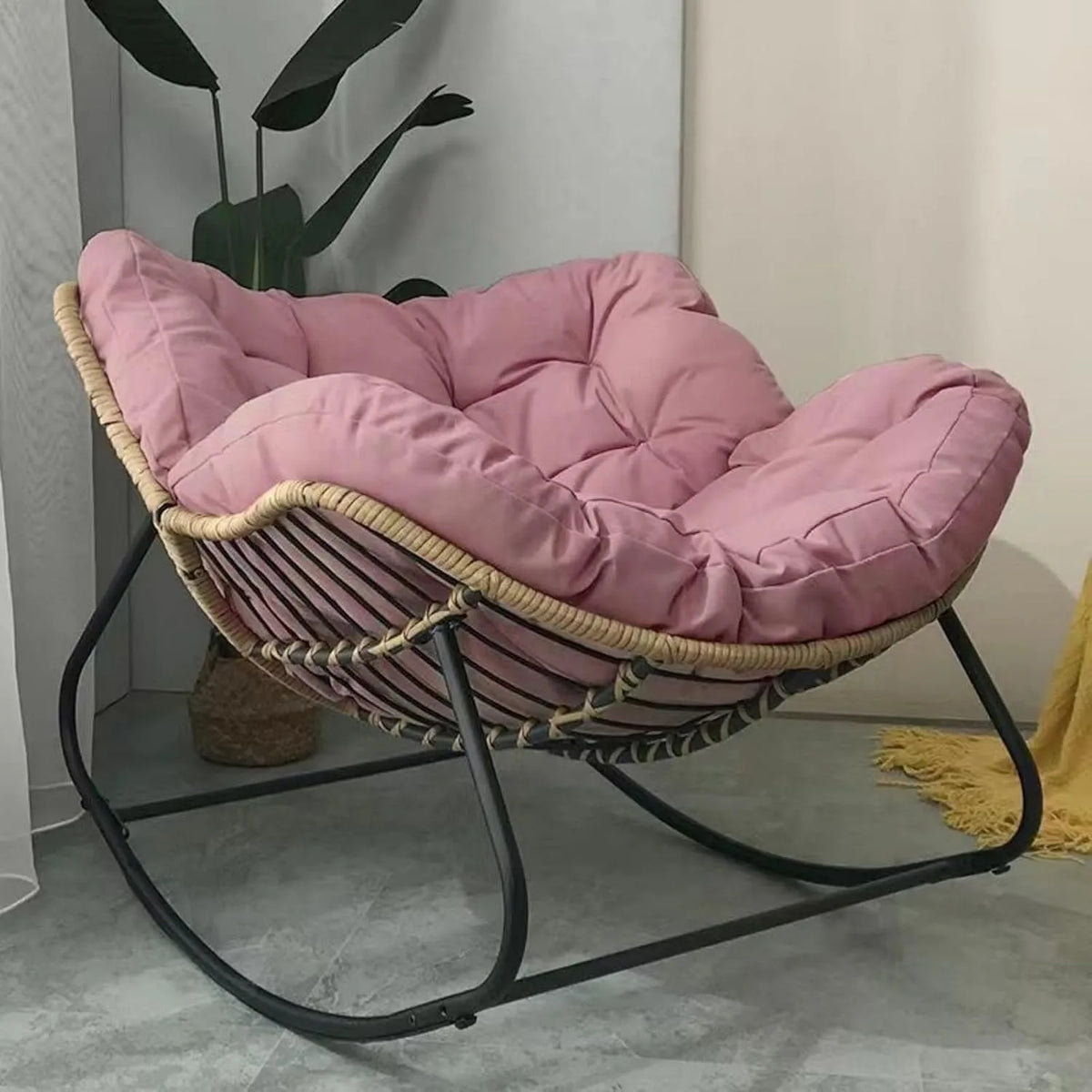 Fotel bujany — z poduszkami, różowy, z technorattanu
