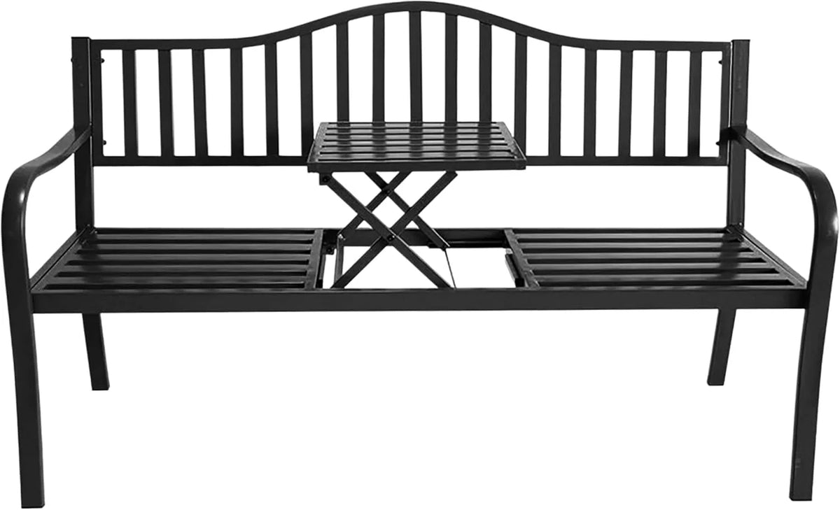 Metalowa Ławka ogrodowa i ławka tarasowa ze zintegrowanym stołem — składana konstrukcja, 150 × 56 cm, 2 w, czarny