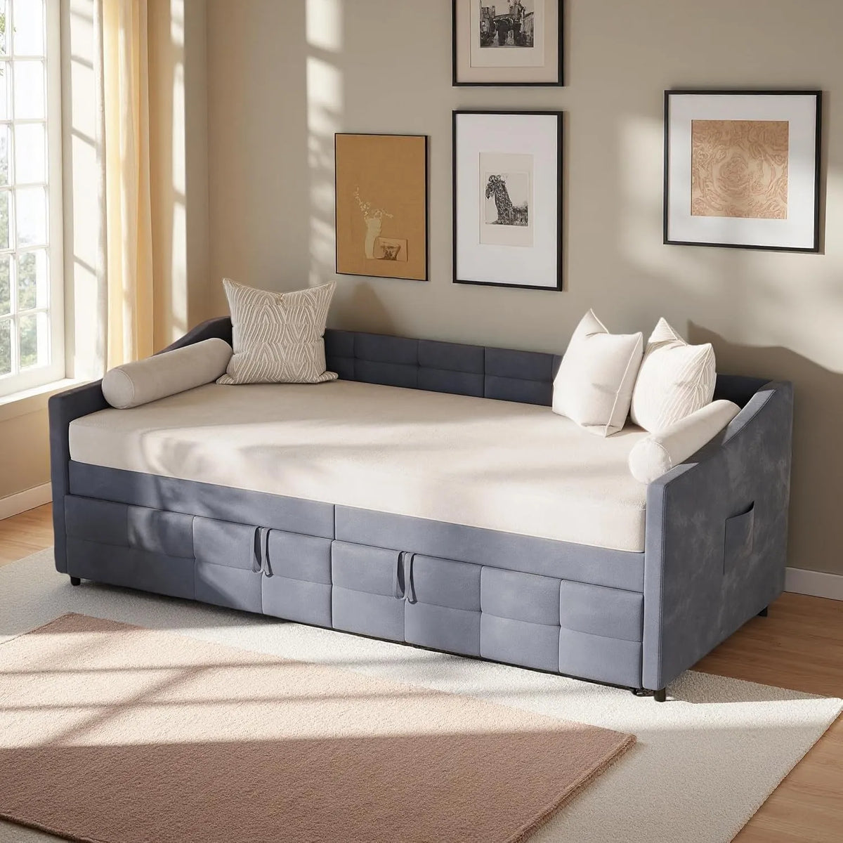 Sofa: tapicerka materiałowa, 90 × 200 cm, szary, rozkładana konstrukcja, tapicerka materiałowa