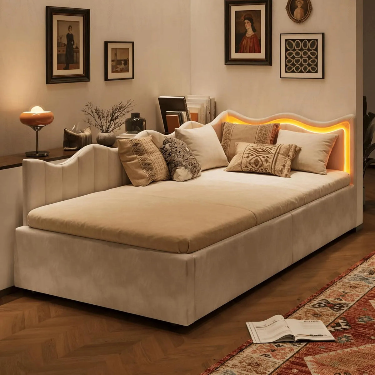 Sofa: wyświetlacz LED, 90 × 200, tapicerka materiałowa