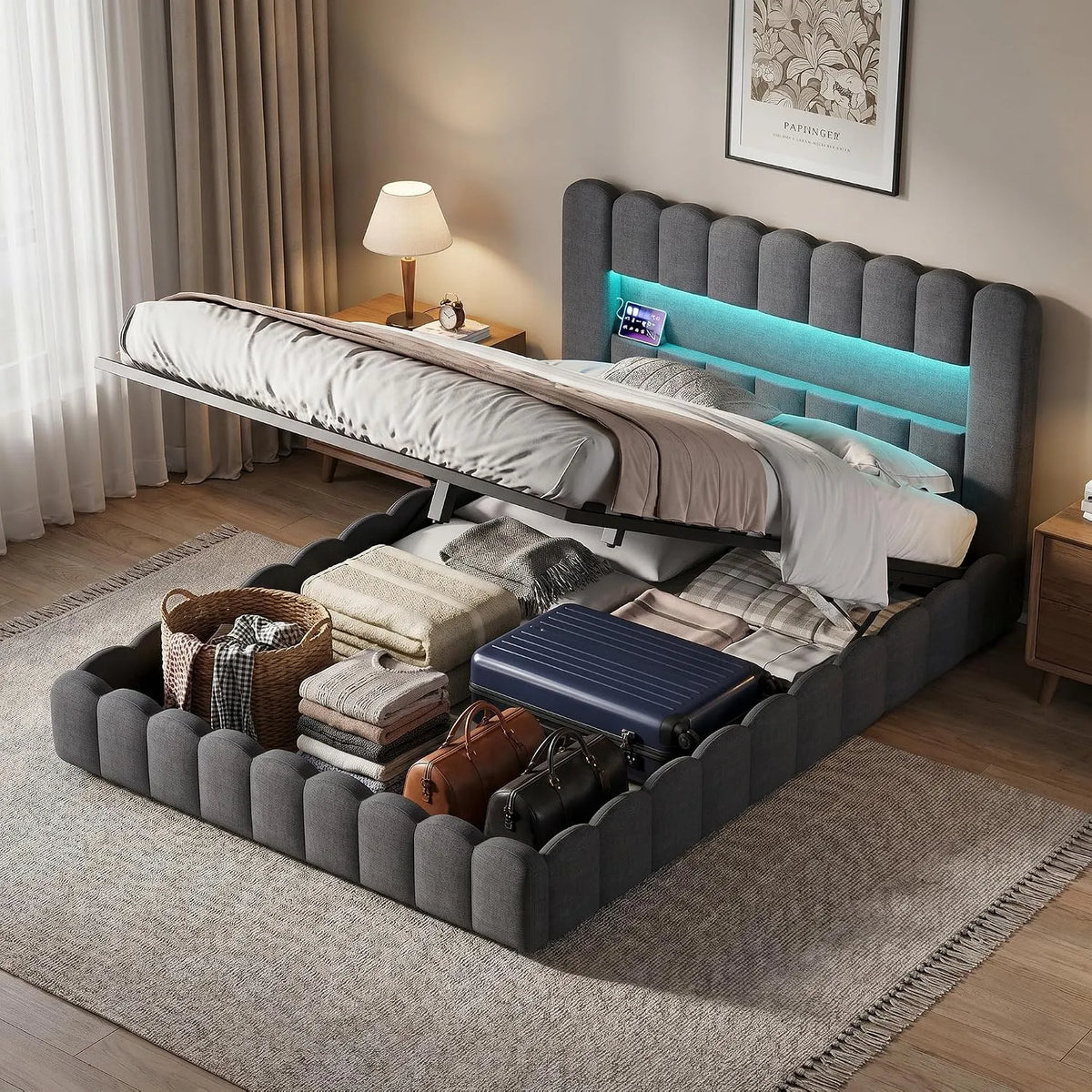Łóżko tapicerowane i rama łóżka z obiciem – z portem USB, wyświetlacz LED, 160 × 200 cm, szary, tapicerka materiałowa