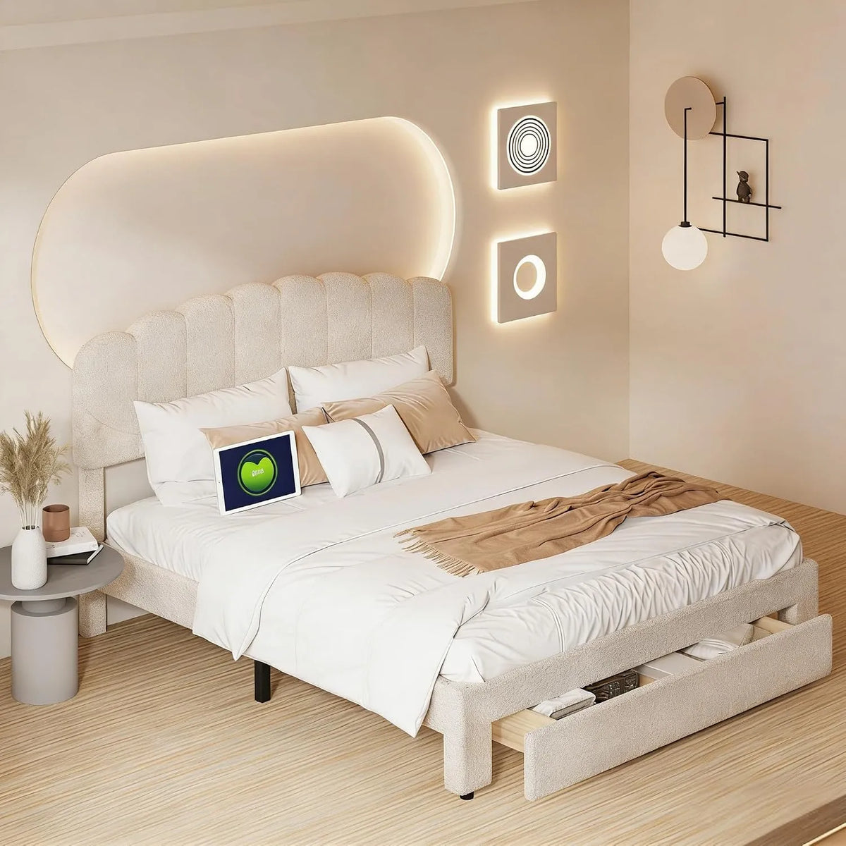 Łóżko tapicerowane i rama łóżka z obiciem – z szufladami, z portem USB, tapicerka aksamitna, regulowana konstrukcja, 140 × 200 cm
