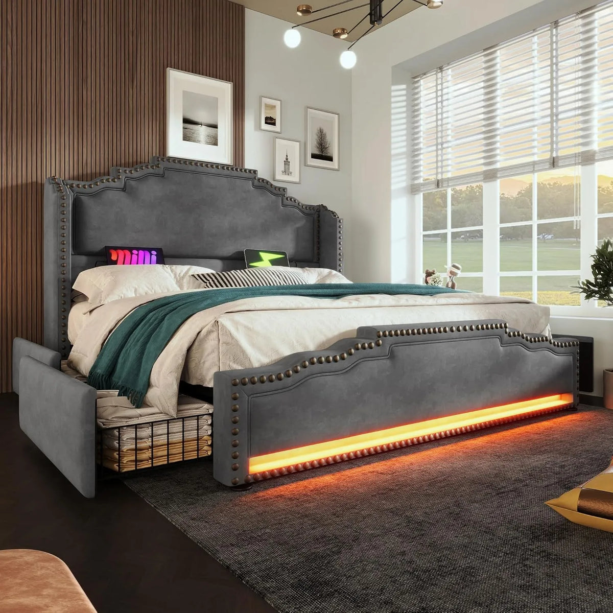 Łóżko tapicerowane i rama łóżka z obiciem: USB-C, z szufladami, z portem USB, tapicerka aksamitna, wyświetlacz LED, 4 szuflady, 180 × 200 cm