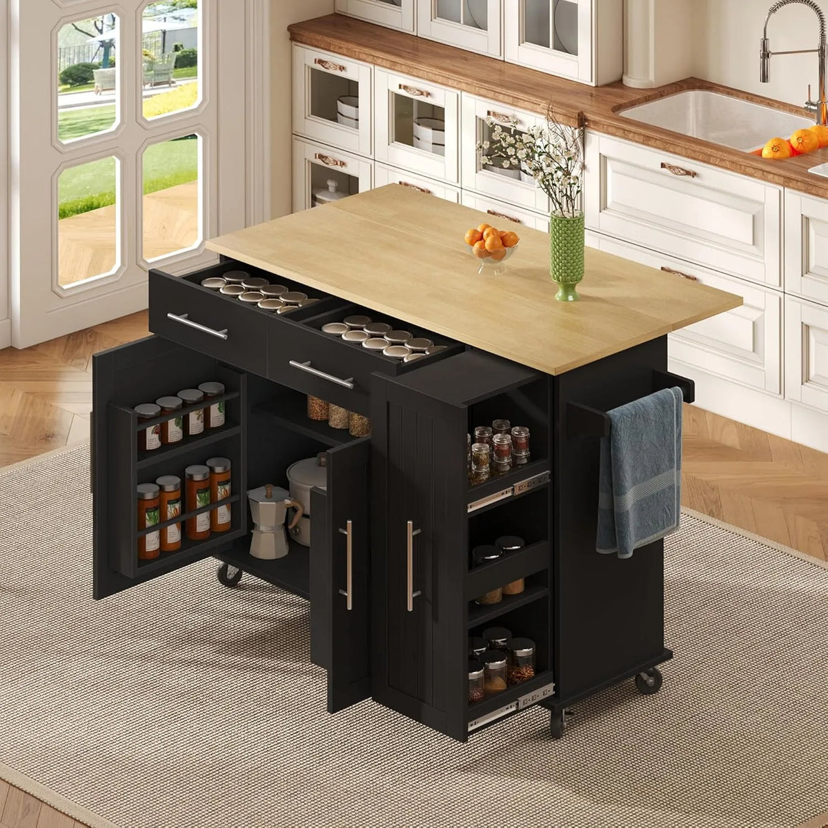 Wyspa kuchenna z Drop Leaf — MDF, z szufladami, na kółkach, 2 szuflady, 120 × 40 × 90 cm, czarny