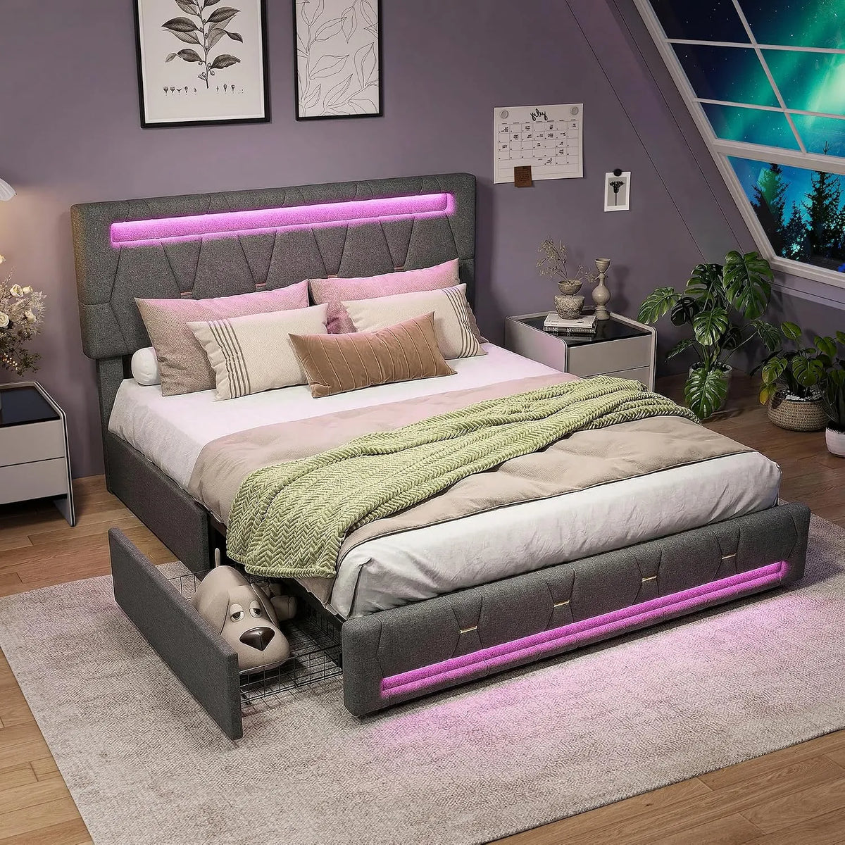 Łóżko tapicerowane i rama łóżka z obiciem – z szufladami, z portem USB, wyświetlacz LED, 4 szufladami, 160 × 200 cm, szary, tapicerka materiałowa