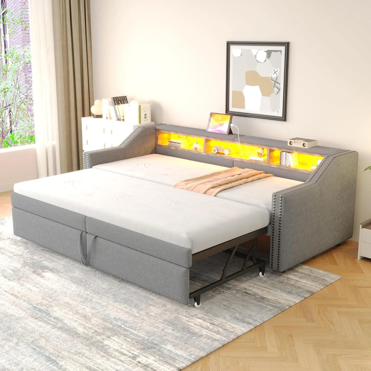 Łóżko tapicerowane i rama łóżka z obiciem: z funkcją spania, z portem USB, wyświetlacz LED, 90 × 200 cm, 180 cm
