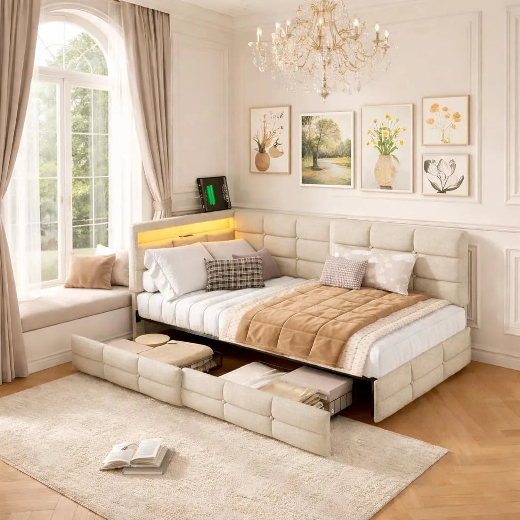 Sofa — w kształcie litery L, z szufladami, z portem USB, wyświetlacz LED, 90 × 200, beżowy, rozkładana konstrukcja, tapicerka materiałowa