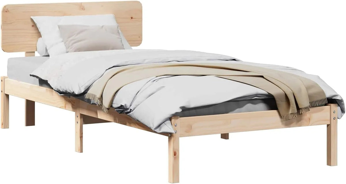Ramka łóżka Naturalny 90 x 200 cm Lite drewno sosnowe — z drewna, 90 × 200 cm, tapicerka materiałowa