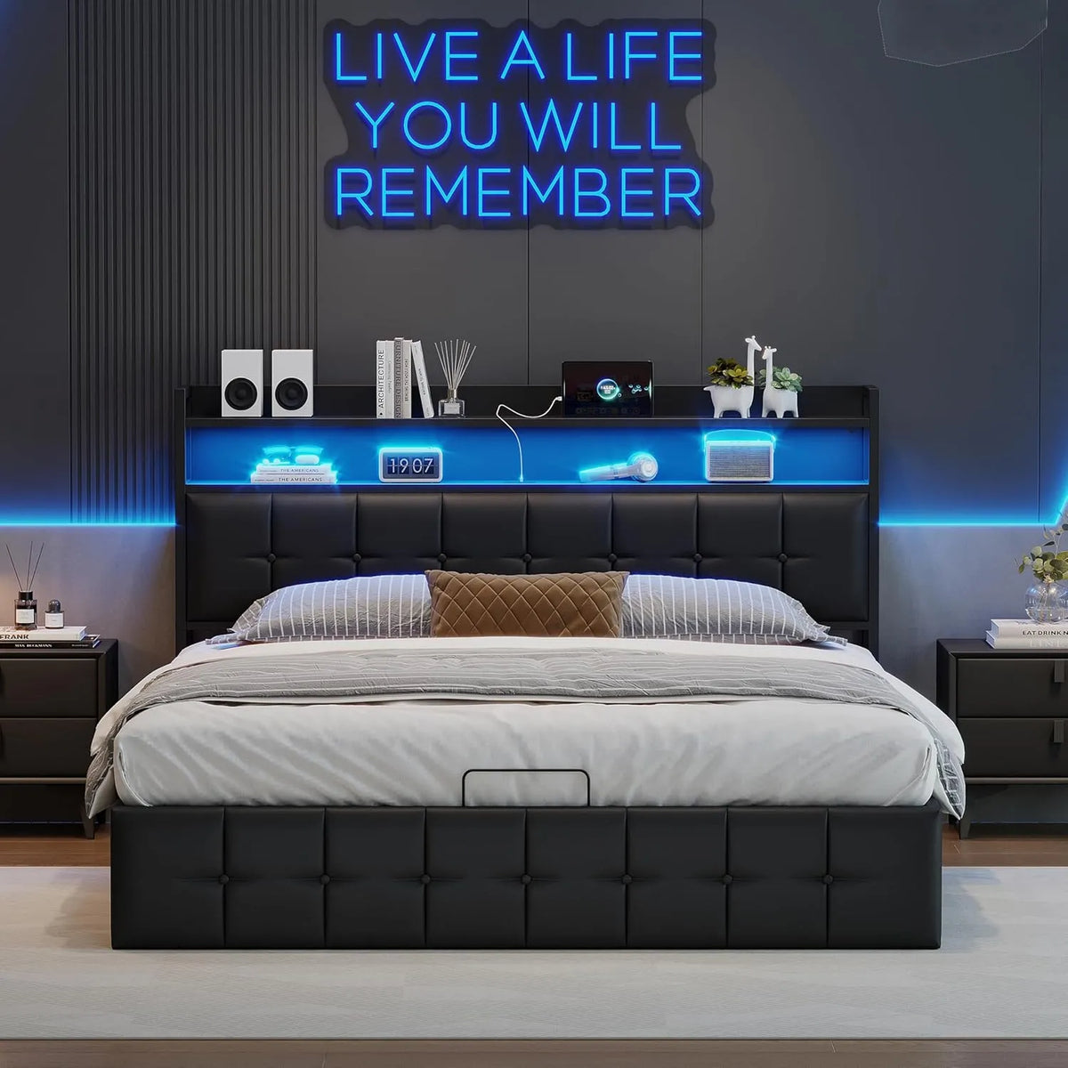 Łóżko bagażowe 140 x 200 z diodą LED – PU-1, z portem USB, wyświetlacz LED, 140 × 200, 1, 140 × 200, czarny
