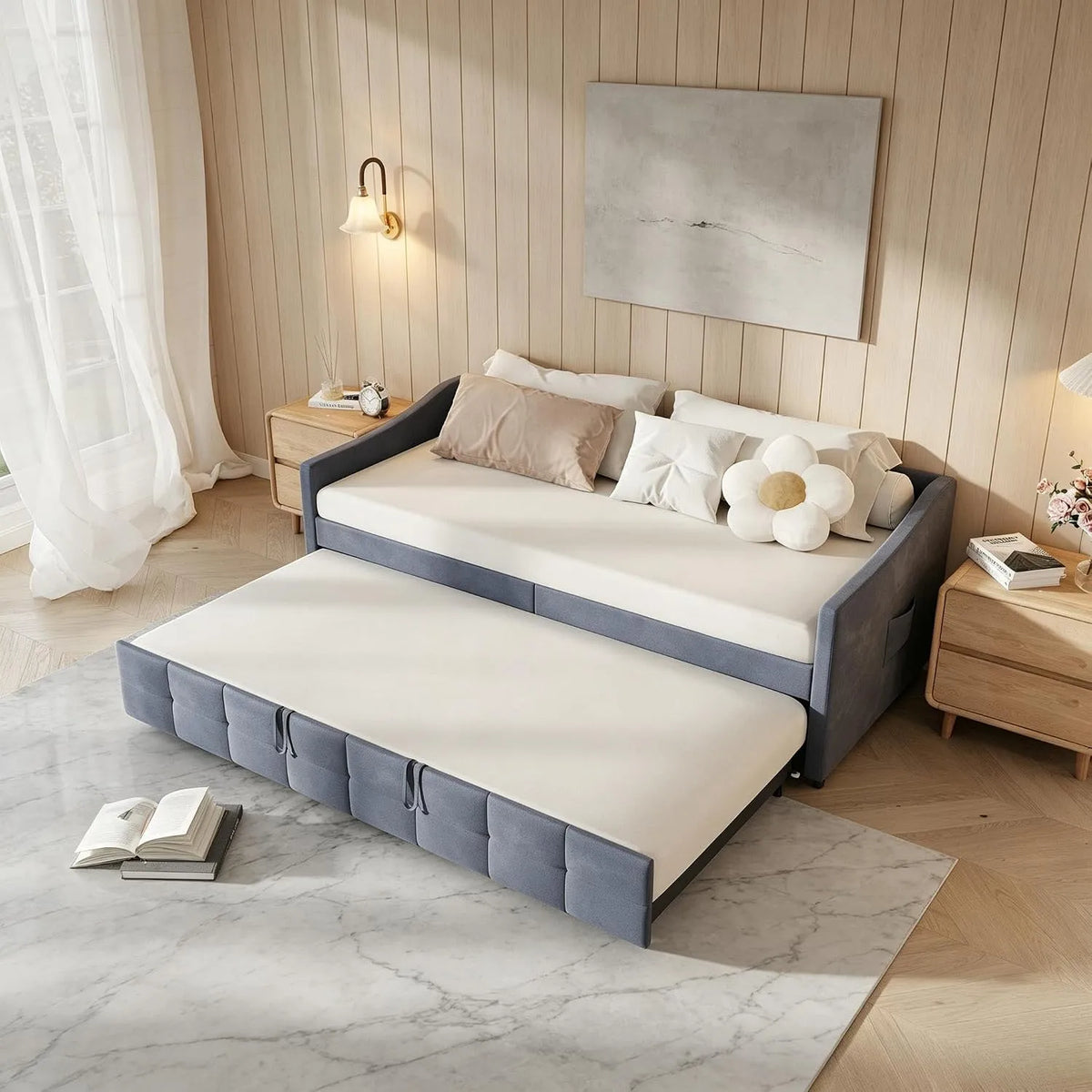 Sofa – z drewna, z funkcją spania, 180 × 200 cm, rozkładana konstrukcja, tapicerka materiałowa