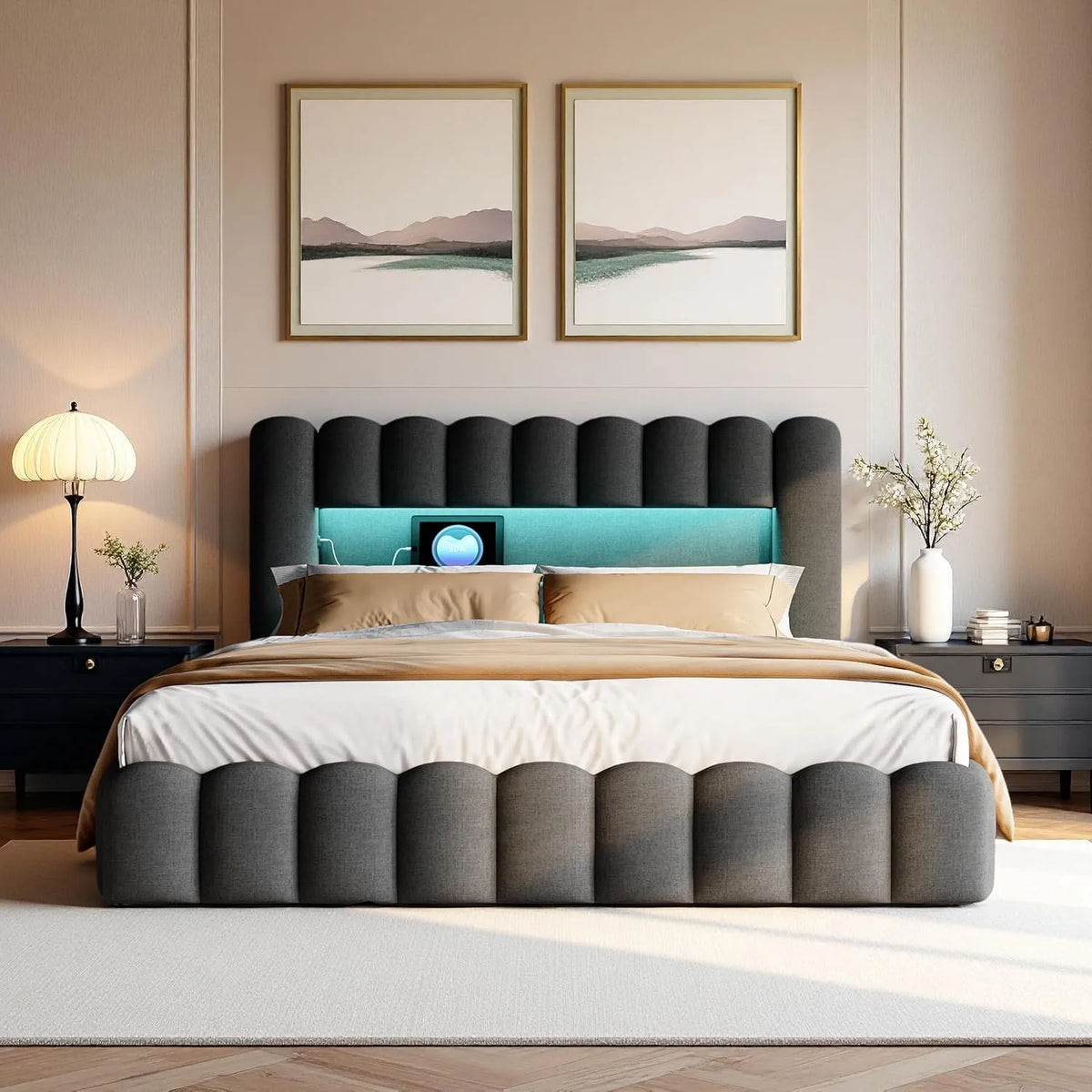 Łóżko tapicerowane i rama łóżka z obiciem – z portem USB, wyświetlacz LED, 2-osobowe, 180 × 200 cm, szary