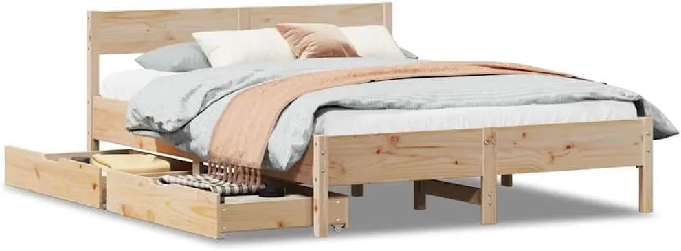 Łóżko z litego drewna sosnowego 140 x 190 z zagłówkiem — z drewna, z szufladami, 140 × 190, tapicerka materiałowa