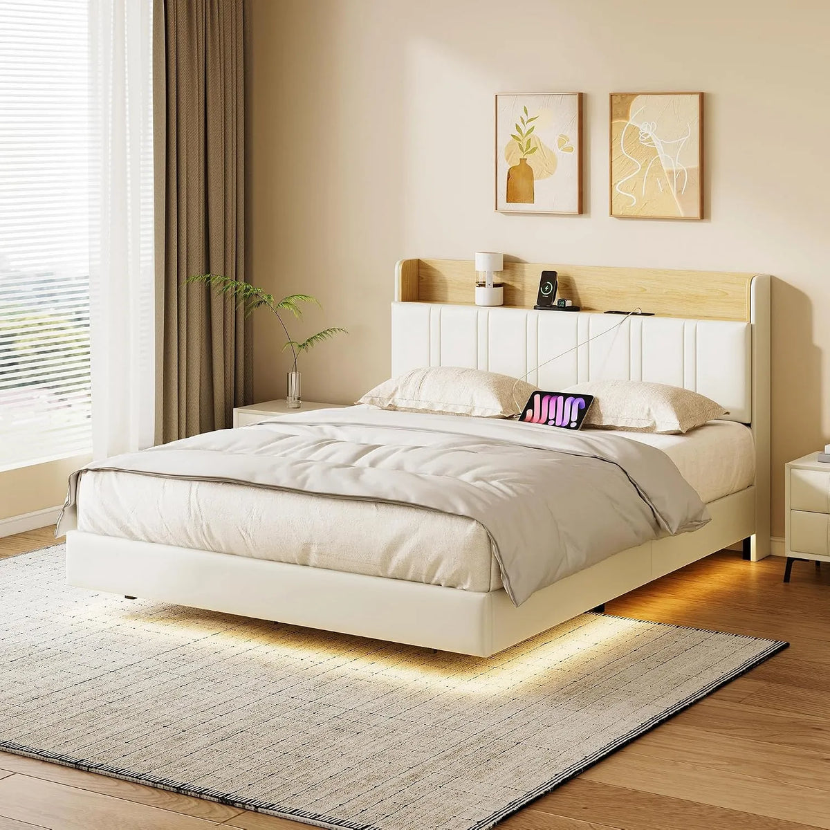 Łóżko tapicerowane i rama łóżka z obiciem — z portem USB, wyświetlacz LED, wentylacja siatkowa, 140 × 200 cm