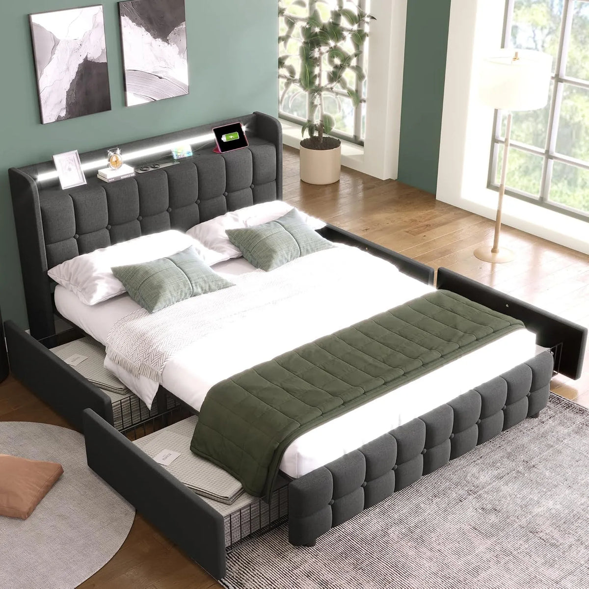 Łóżko tapicerowane i rama łóżka z obiciem – z drewna, z szufladami, z portem USB, wyświetlacz LED, 4 szufladami, 140 × 200 cm, szary
