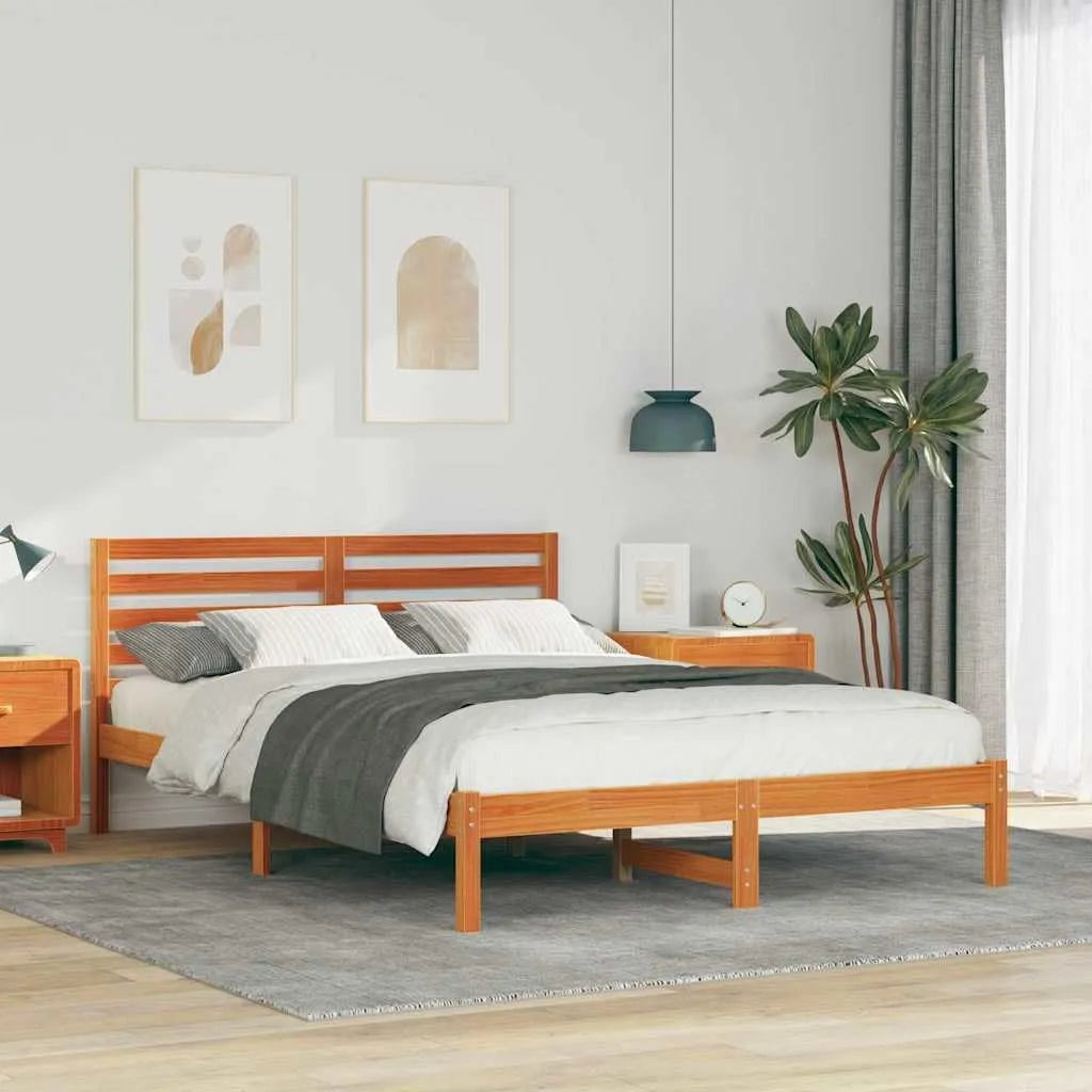 Łóżko z litego drewna sosnowego z wezgłowiem w kolorze woskowobrązowym — z drewna, 140 × 210 cm