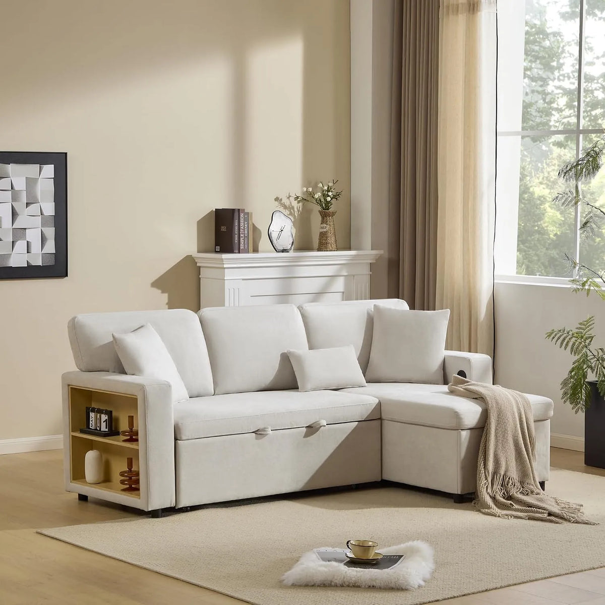 Sofa — w kształcie litery L, beżowy, rozkładana konstrukcja