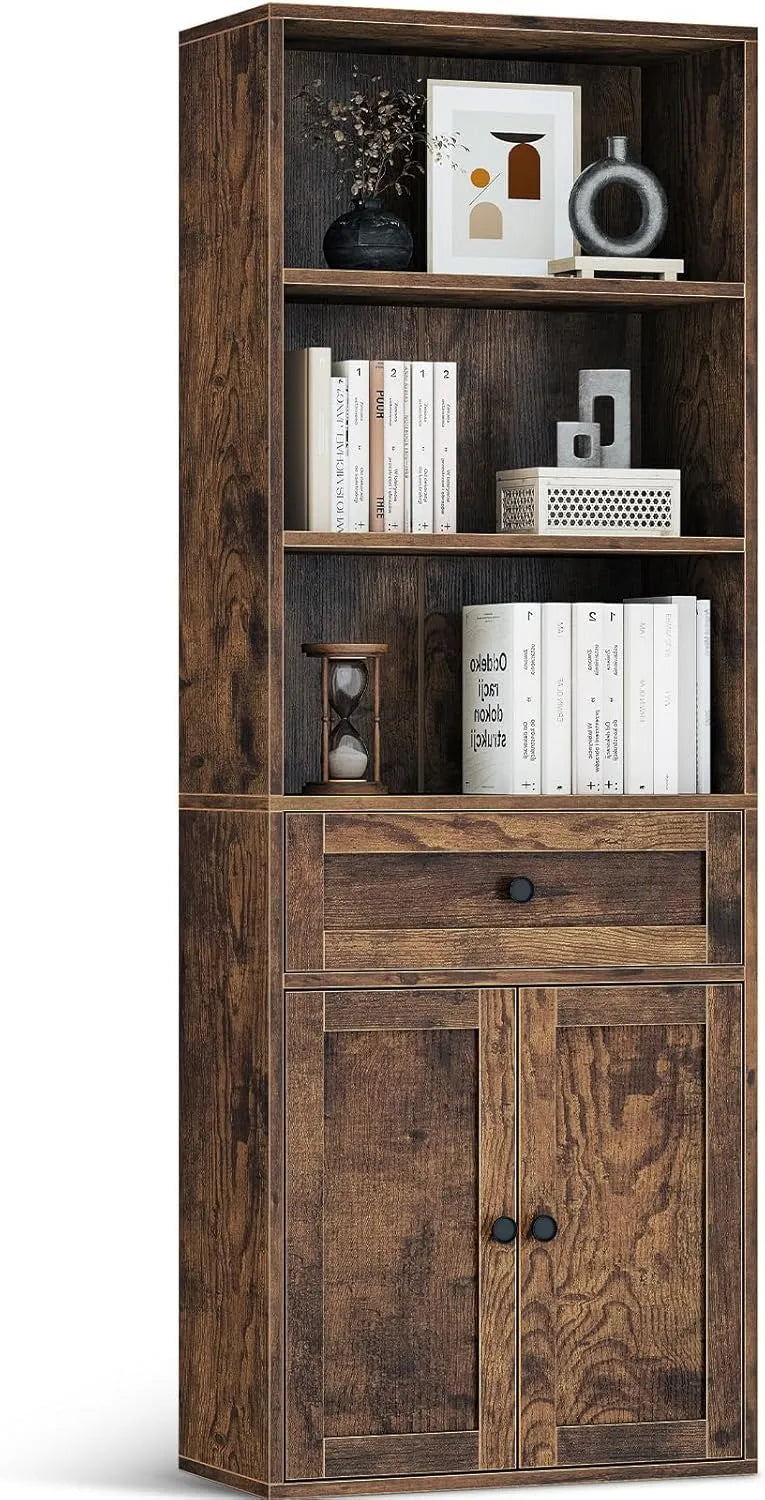 Coleshome 5-poziomowa biblioteczka z drzwiami i szafką: z szufladami, do użytku domowego, 48 × 24 × 164.2, brązowy