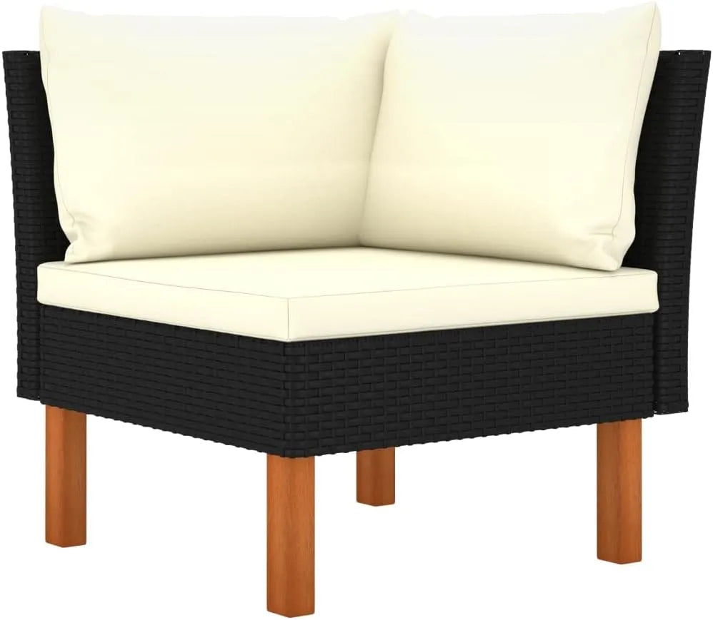 Sofa narożna – modułowa konstrukcja, z drewna, z poduszkami, z technorattanu, czarny, z litego drewna