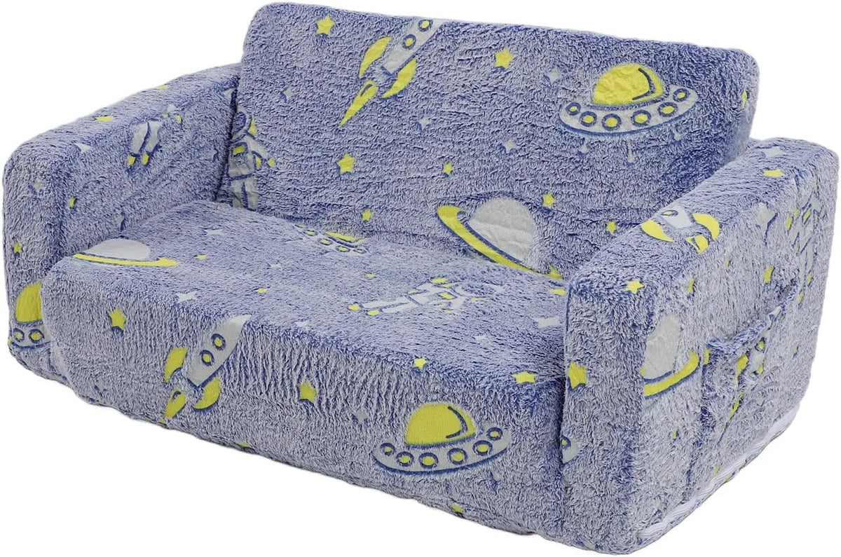 Sofa — wypełnienie piankowe, tapicerka aksamitna, 2 W, niebieski, rozkładana konstrukcja