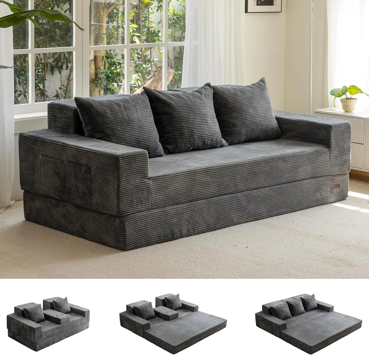 Sofa — z funkcją relaks, ze sztruksu, z poduszkami, składana konstrukcja, rozkładana konstrukcja