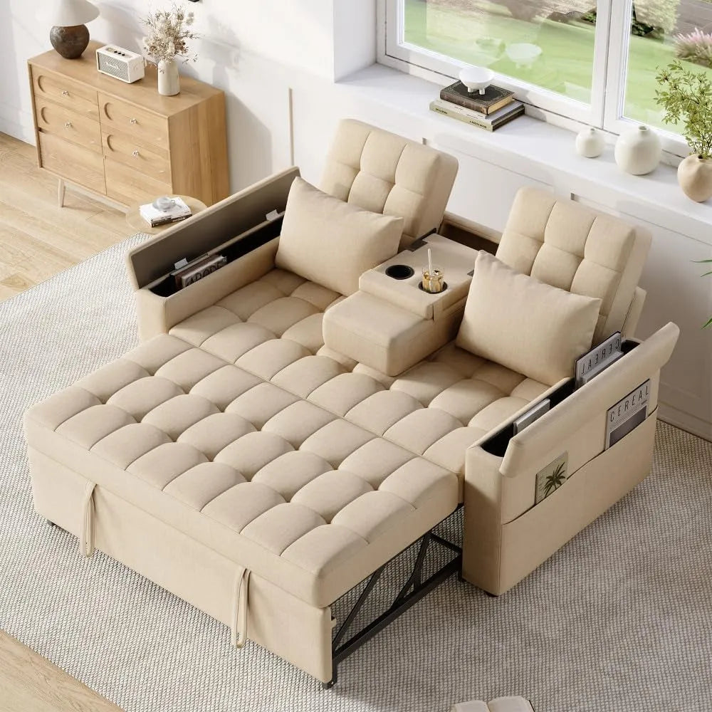 Sofa rozkładana i sofa z funkcją spania: z funkcją spania, z poduszkami, tapicerka aksamitna, 2-osobowa, beżowy
