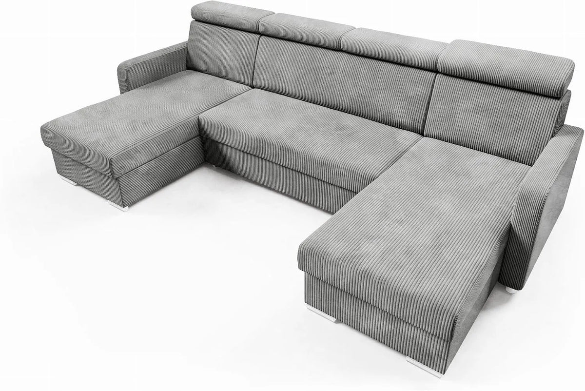Sofa narożna — MAKO, tapicerka materiałowa, z funkcją spania, regulowana konstrukcja, 254 × 125 cm, 274 cm, z pojemnikiem do przechowywania