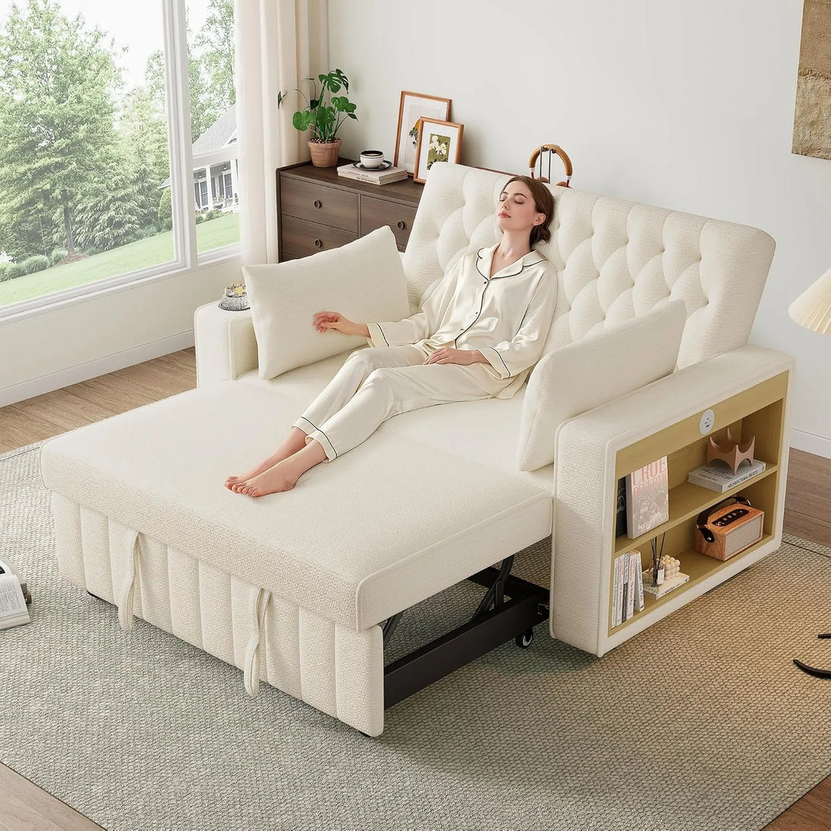 Sofa – z funkcją spania, z poduszkami, z portem USB, składana konstrukcja