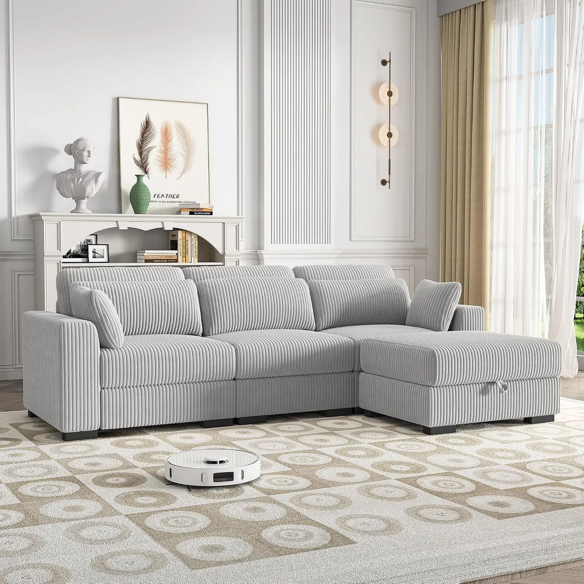 Sofa narożna — modułowa konstrukcja, w kształcie litery L, ze sztruksu, z poduszkami, 3-osobowa