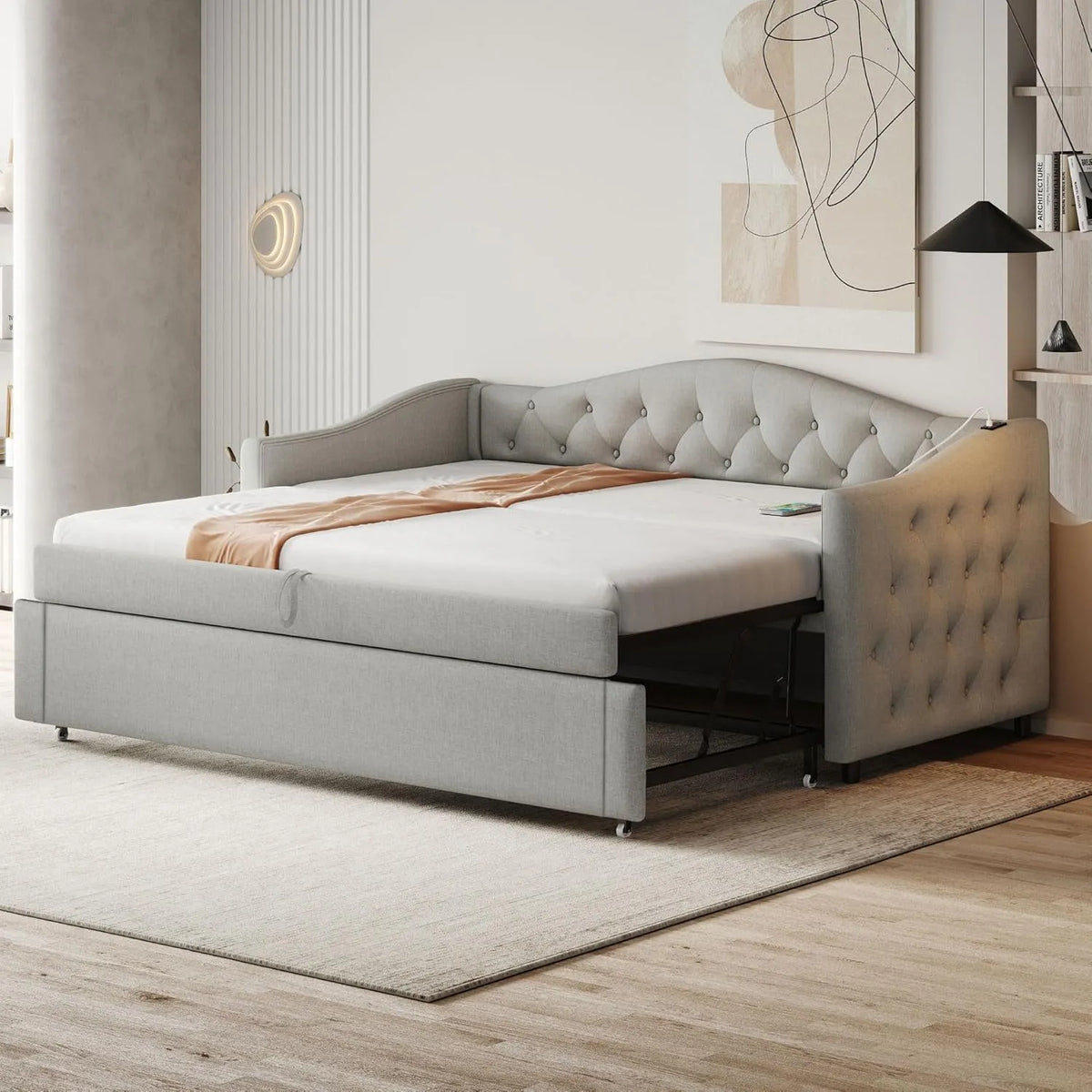 Łóżko tapicerowane i rama łóżka z obiciem: z funkcją spania, z portem USB, 90 × 200 cm, 300 kg, szary, tapicerka materiałowa