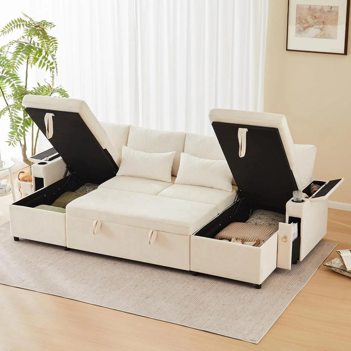 Sofa narożna – modułowa konstrukcja, w kształcie litery U, z funkcją spania, z poduszkami, beżowy
