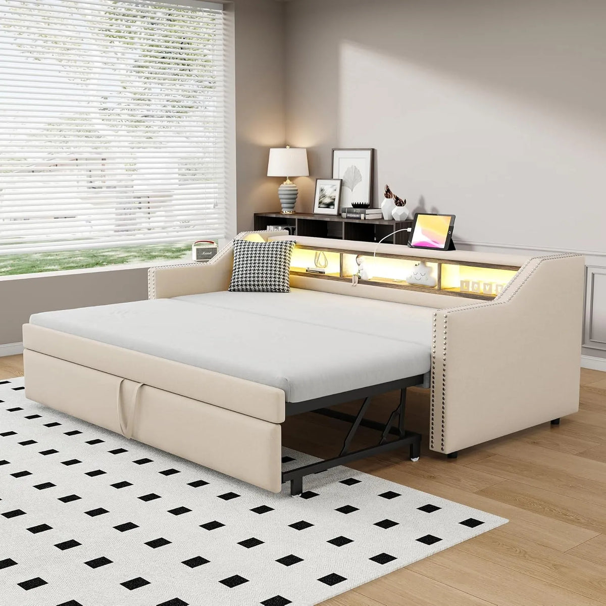 Sofa — TOBIDOEN, ze schowkiem, 180 × 190 cm, beżowy, rozkładana konstrukcja, tapicerka materiałowa