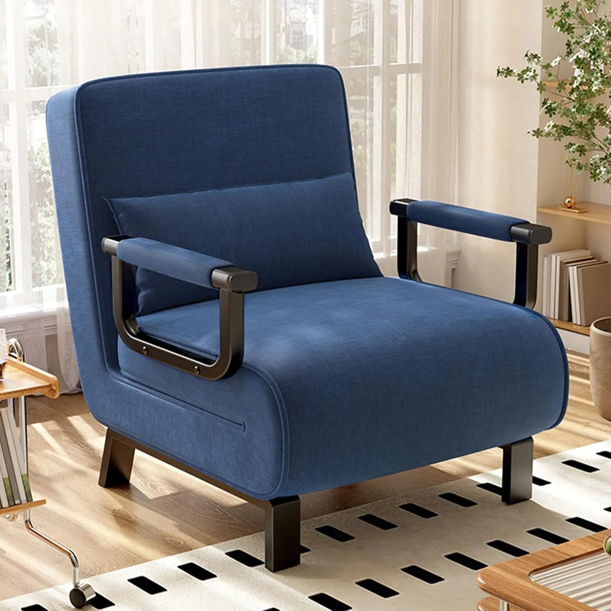 Sofa — z oparciem, z poduszkami, składana konstrukcja, regulowana konstrukcja, 1-osobowy, 65cm, niebieski, rozkładana konstrukcja