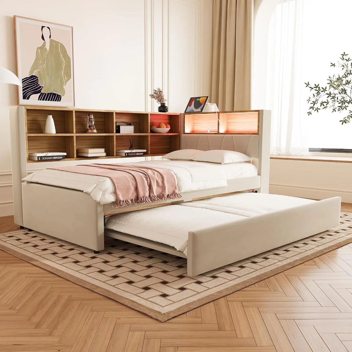 Łóżko tapicerowane i rama łóżka z obiciem – z funkcją spania, 90 × 200, 90 × 190 cm, beżowy