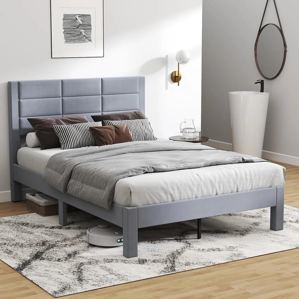 COSTWAY Rama łóżka i konstrukcja łóżka na materac 200 x 140 cm — tapicerka materiałowa, z drewna, z poduszkami, tapicerka aksamitna, 200 × 140 cm