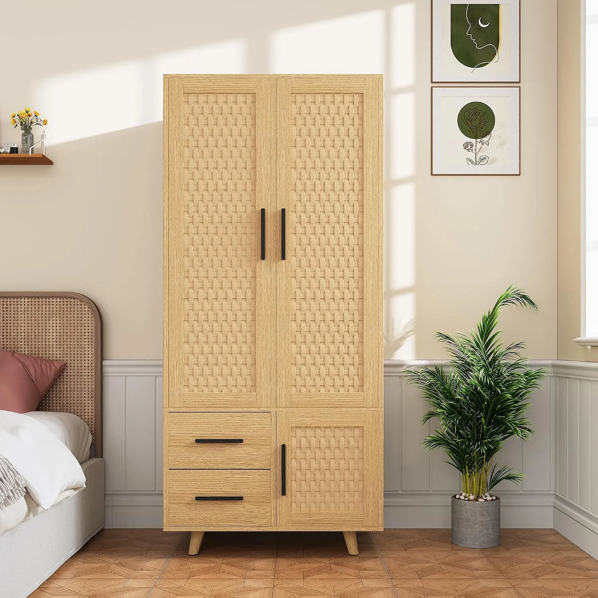 Szafa – z drewna, z szufladami, z technorattanu, 2 szufladami, 80 × 52 × 166
