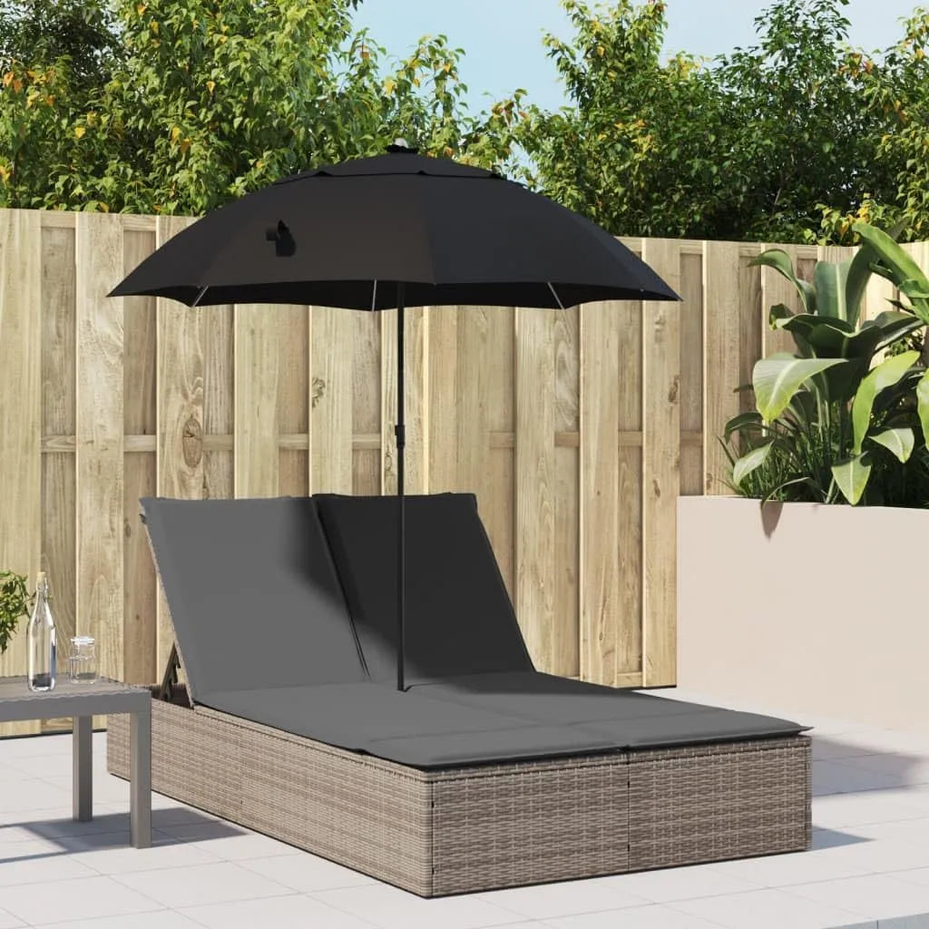 Podwójny leżak do opalania z poduszką i parasolem przeciwsłonecznym w – z oparciem, z poduszkami, z technorattanu, szary