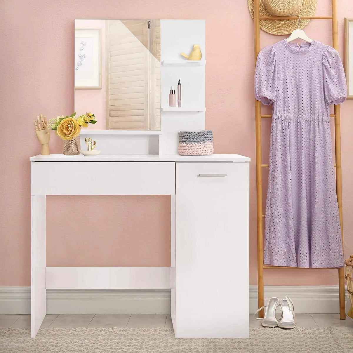 Design Toaletka i stolik do makijażu z Lustrem i Szuflada — z szufladami, 90 × 38 × 138 cm, biały