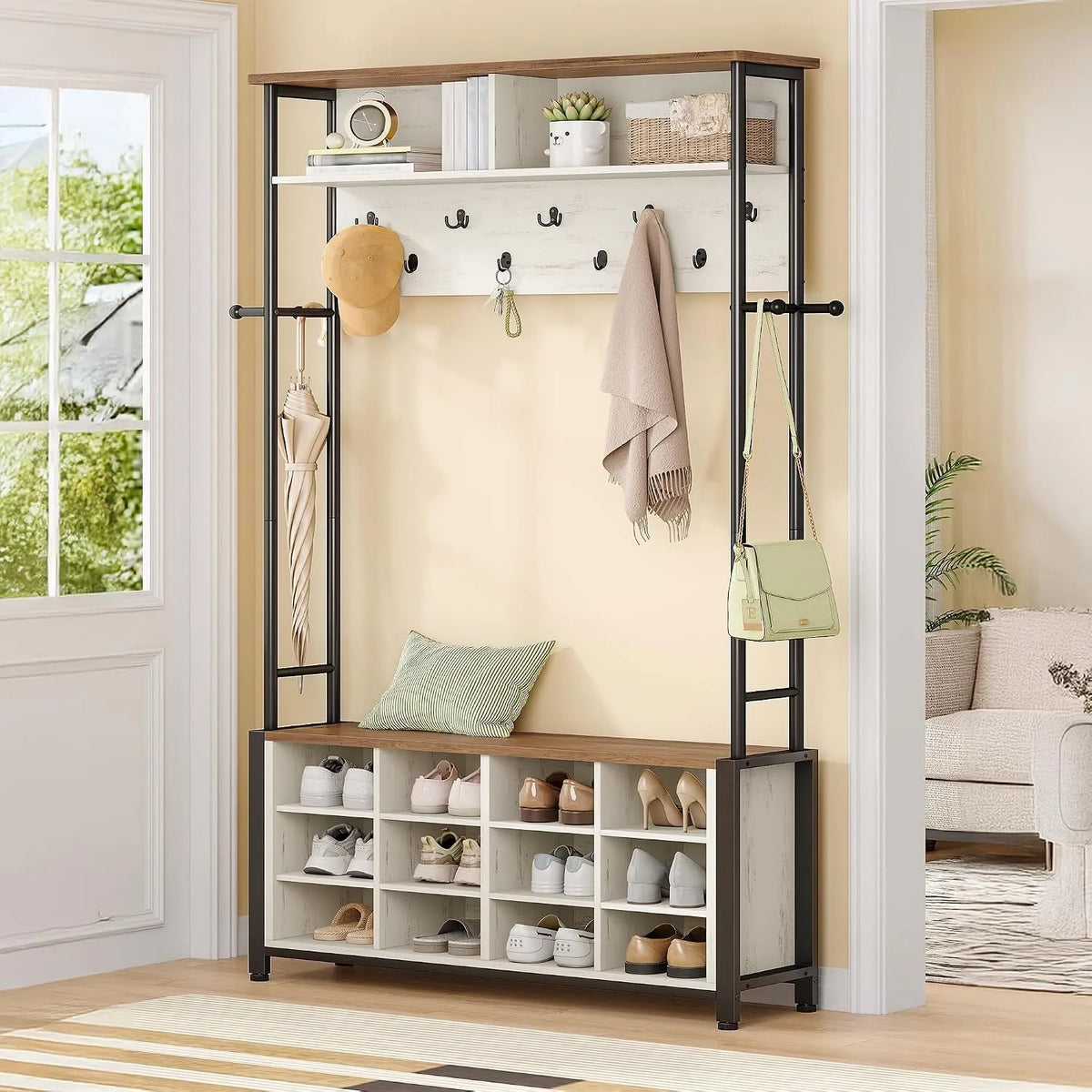 Hzuaneri HT17914B wieszak garderobiany z ławką na buty — z półkami, regulowana konstrukcja, 31 × 108 × 187 cm, z półkami
