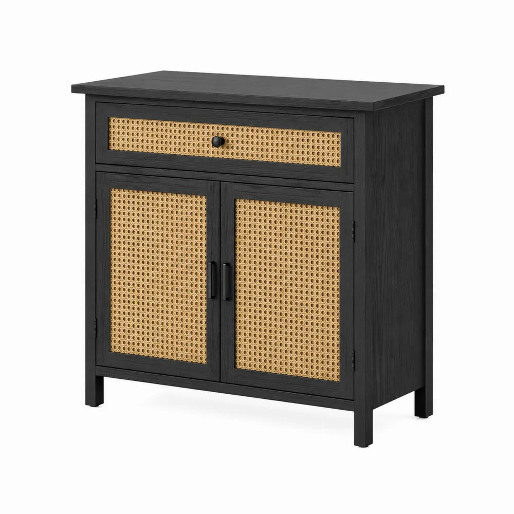 Czarna szafka z drewna jesionowego i rattanu 80x40x90 cm